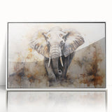 Framed wall art showcasing a majestic elephant design in a contemporary style, featuring a white frame and acrylic surface, ideal for wildlife enthusiasts and modern decor.