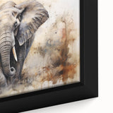 Close-up of a framed canvas wall art featuring a majestic elephant design, showcasing intricate details and vibrant colors, perfect for wildlife enthusiasts and home decor.