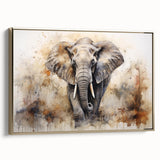 Framed canvas wall art depicting a majestic African elephant in a serene natural setting, showcasing intricate details and a gold border, perfect for wildlife enthusiasts.