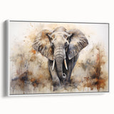 Framed canvas wall art depicting a side view of a majestic elephant, featuring intricate details and a white background, perfect for adding a touch of wildlife elegance to home decor.