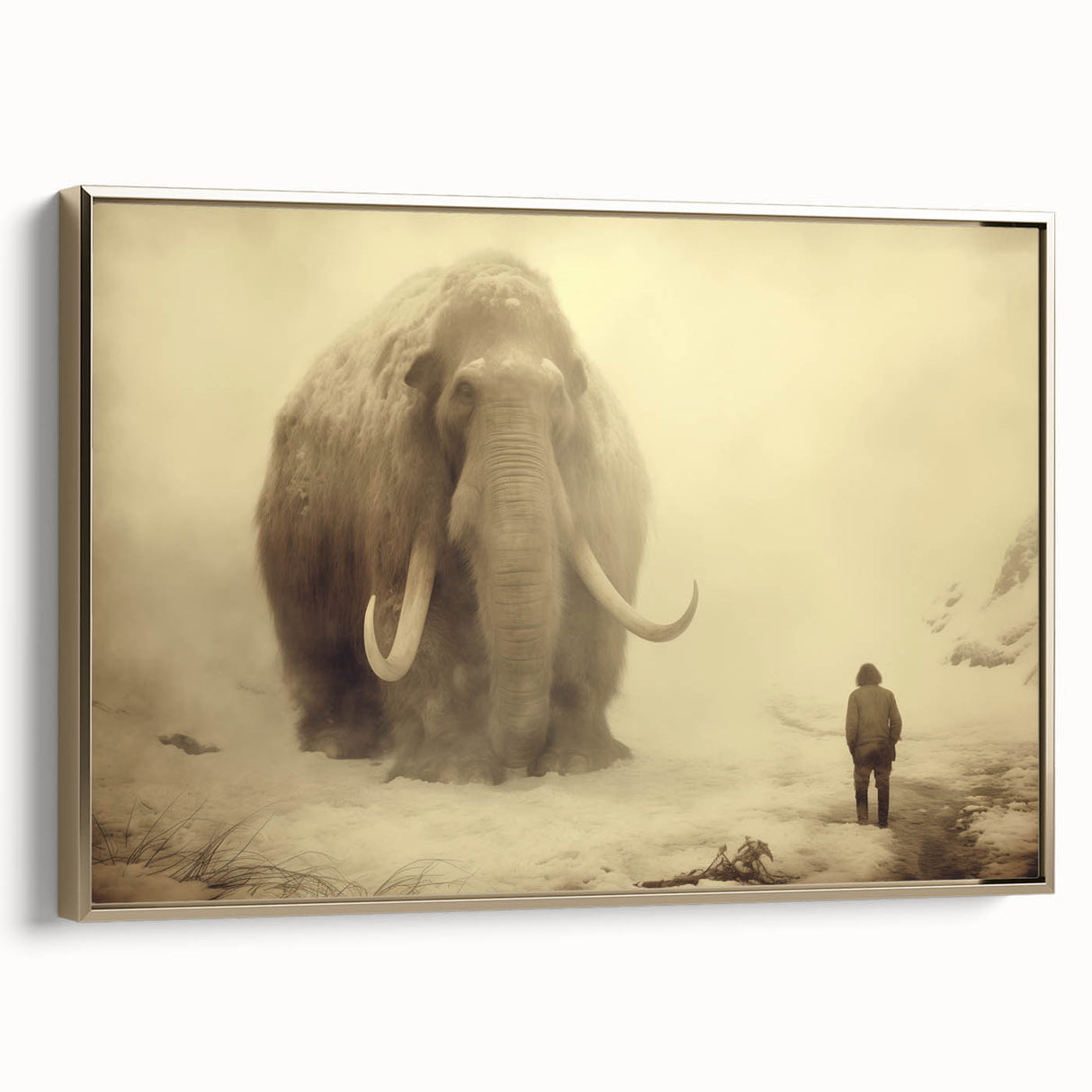 Framed canvas wall art showcasing a majestic elephant design in gold tones, set against a minimalist background, perfect for wildlife enthusiasts and modern decor.