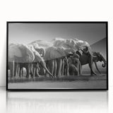 Framed wall art featuring a striking black and white elephant design, showcasing intricate details and textures, perfect for wildlife enthusiasts and modern decor.