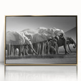 Framed acrylic wall art of an elephant design showcasing a gold color scheme, perfect for wildlife-themed decor, capturing the majestic essence of nature.