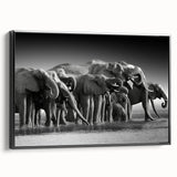 Framed wall art depicting a majestic black elephant in profile against a neutral background, showcasing intricate details and textures, perfect for wildlife enthusiasts.