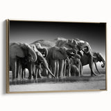 Framed canvas wall art showcasing a majestic African elephant in a gold hue, perfect for adding a touch of wildlife elegance to any room. Ideal for animal lovers and modern decor enthusiasts.