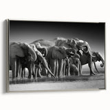 Framed canvas wall art featuring a majestic silver-toned elephant design, showcasing its side profile against a minimalist background, perfect for wildlife enthusiasts.