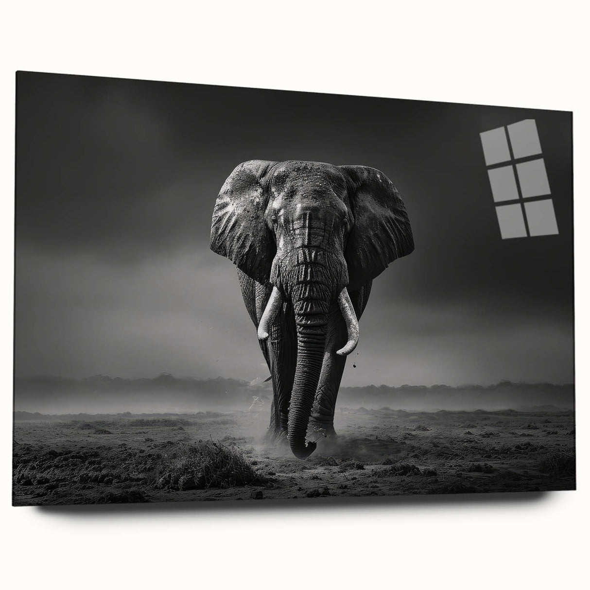 Side view of an acrylic glass wall art piece showcasing a majestic elephant design, part of a wildlife collection, featuring vibrant colors and intricate details, perfect for nature enthusiasts.
