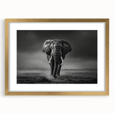 Elephant-themed wall art design featuring a gold frame and mat, showcasing a detailed illustration of an elephant in a vibrant jungle setting, ideal for wildlife enthusiasts.