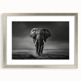 Framed wall art featuring a majestic elephant design in a silver frame, showcasing intricate details and vibrant colors, perfect for wildlife lovers' decor.
