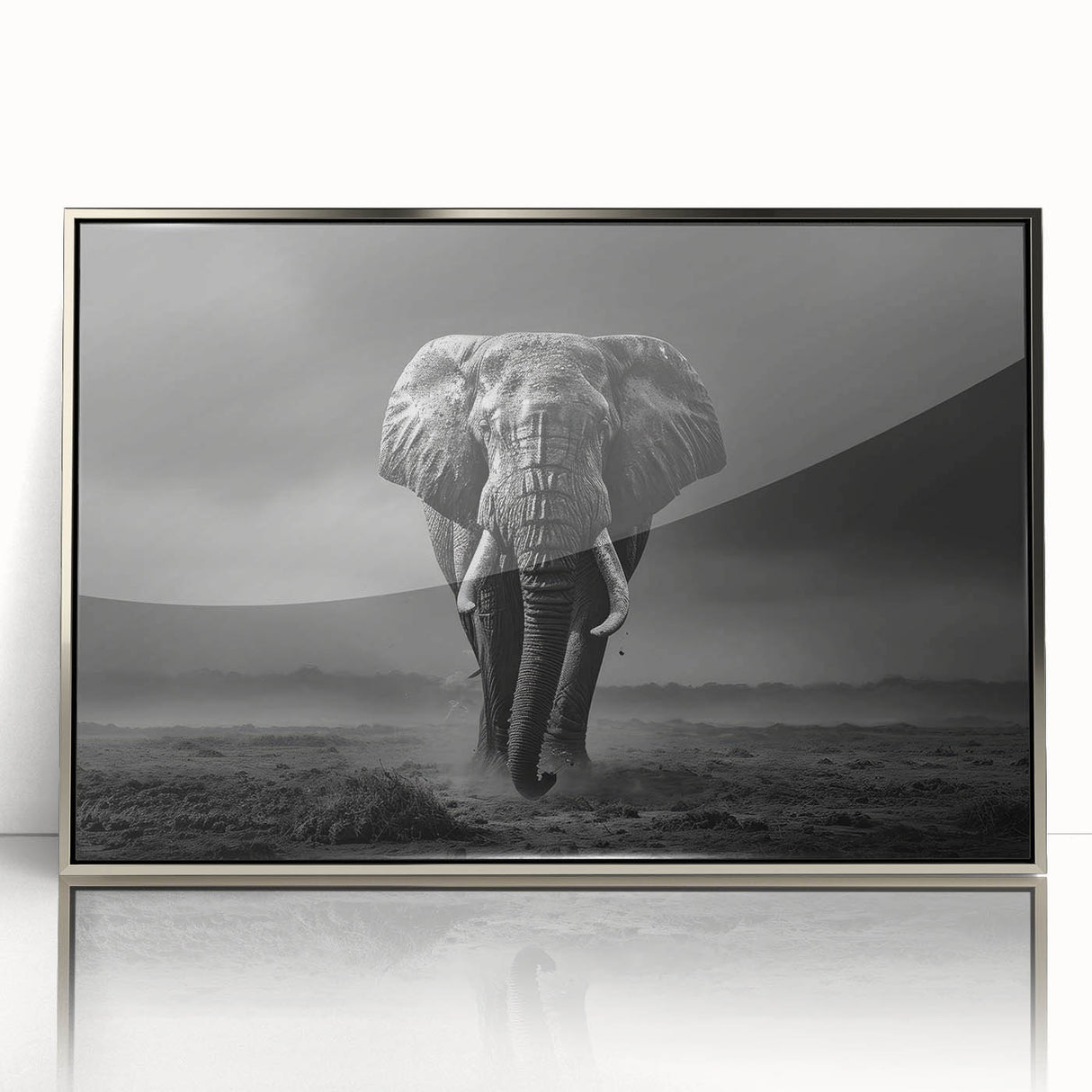 Framed wall art showcasing a stunning elephant design in a silver-acrylic finish, perfect for adding an elegant touch to wildlife-themed decor.