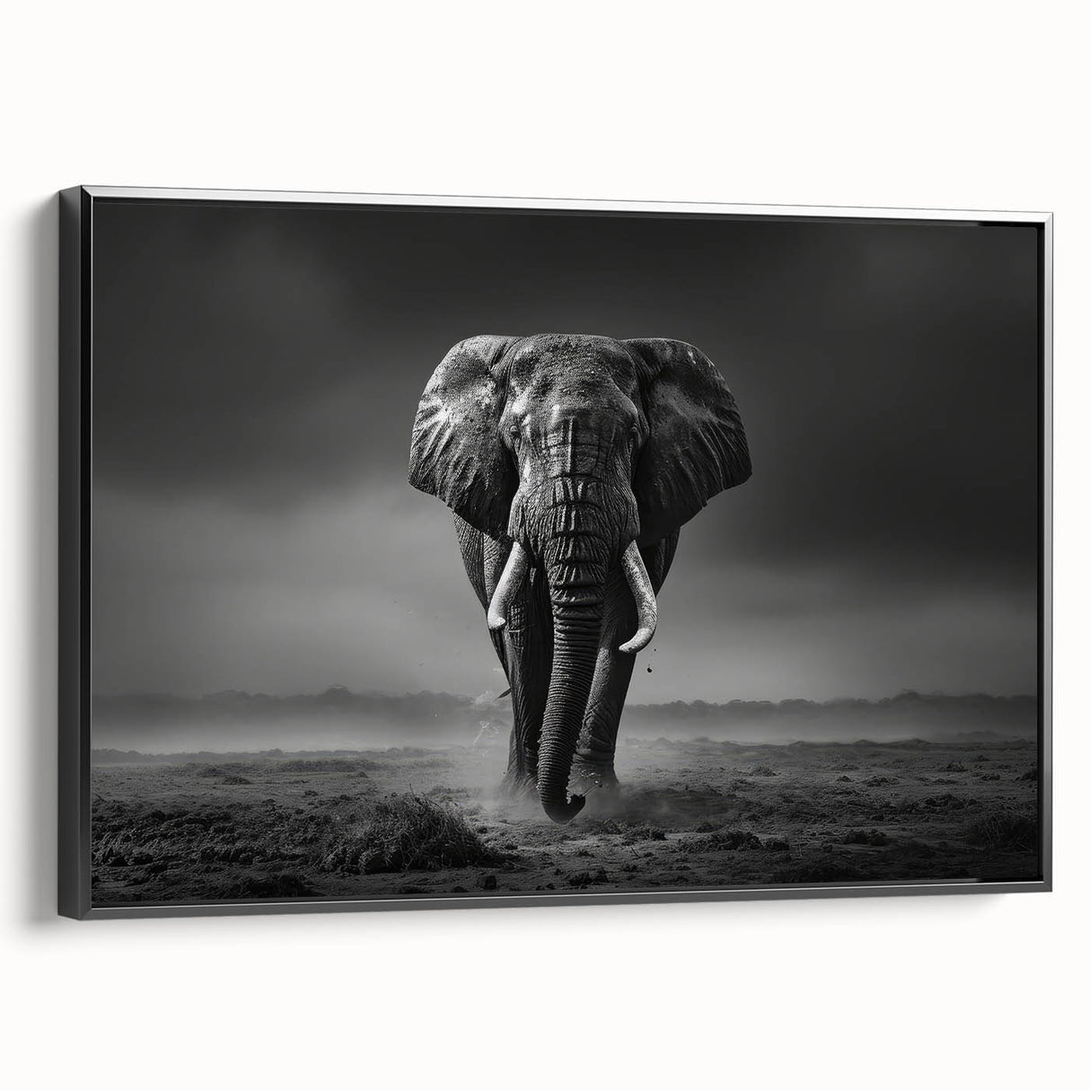 Framed canvas wall art showcasing a black side view of a majestic elephant, perfect for wildlife enthusiasts, enhancing home decor with a touch of nature.