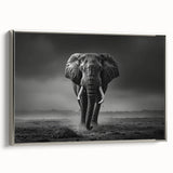 Framed canvas wall art showcasing a detailed side view of an elegant elephant design, featuring vibrant colors and a silver border, perfect for wildlife enthusiasts.