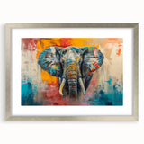 Elephant-themed wall art showcasing a detailed design framed in silver, featuring a mat finish that enhances its vibrant colors, ideal for animal lovers' home decor.