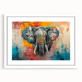 Framed wall art featuring a majestic elephant design, set against a white mat, showcasing intricate details and vibrant colors, perfect for wildlife enthusiasts.
