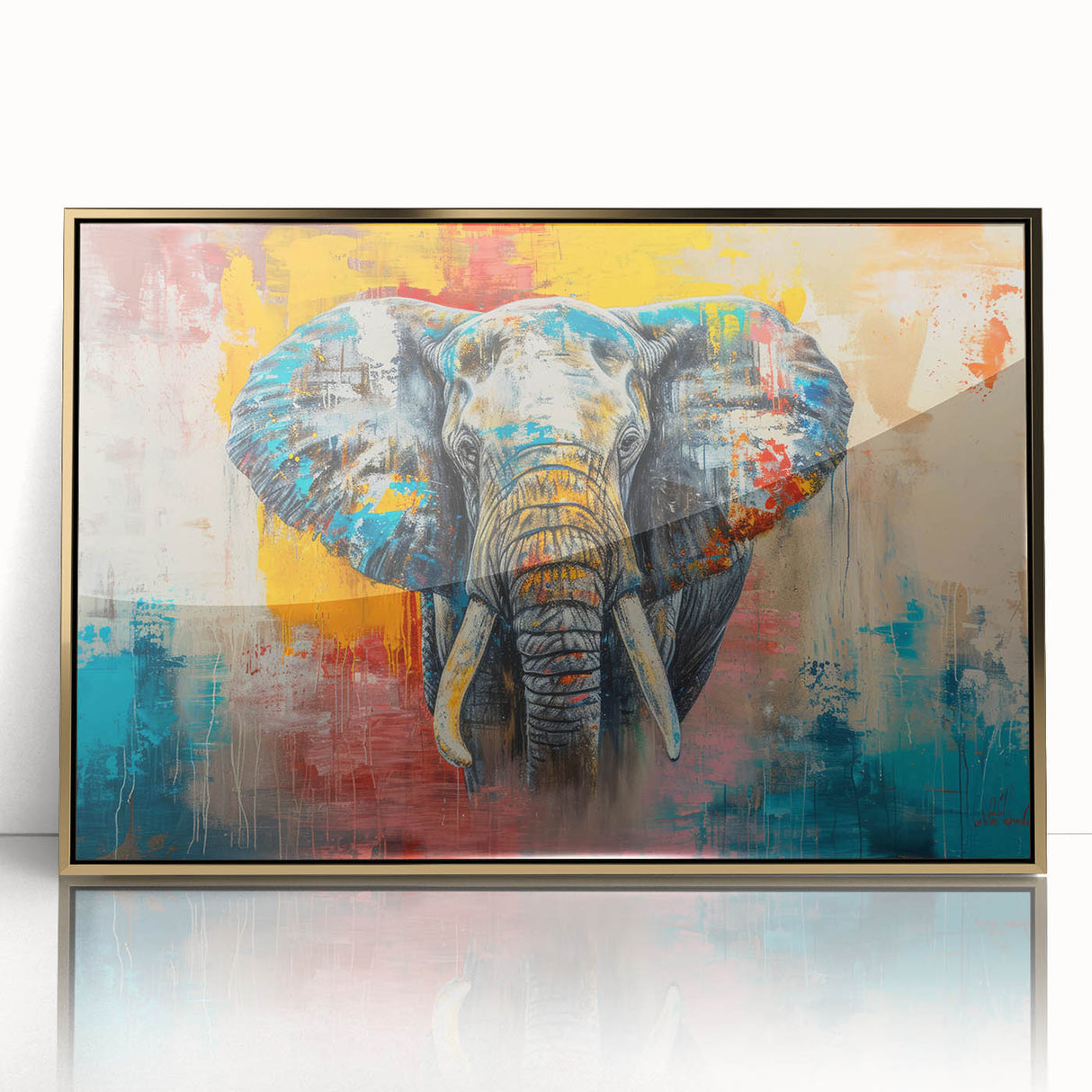Framed wall art featuring a majestic elephant in a gold-accented design, showcasing intricate details and vibrant colors against a sleek acrylic backdrop, perfect for wildlife enthusiasts and home decor lovers.