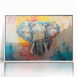 Framed wall art showcasing a striking elephant design in a minimalist white frame, perfect for adding a touch of wildlife elegance to modern decor. The vibrant colors and intricate details highlight the majestic presence of the elephant, making it an ideal centerpiece for animal lovers and nature enthusiasts.