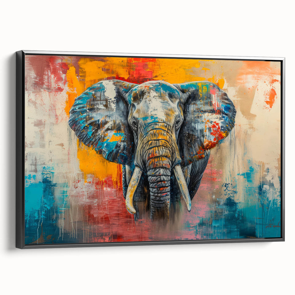 Framed canvas wall art depicting a side view of a majestic elephant in a natural setting, showcasing intricate details and a black background, perfect for wildlife lovers.