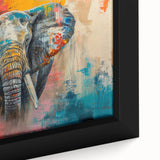 Close-up of a framed canvas wall art featuring a majestic elephant design, showcasing intricate details and vibrant colors, perfect for wildlife enthusiasts.