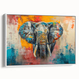 Framed canvas wall art featuring a side view of a majestic elephant, showcasing intricate details and a vibrant color palette, perfect for wildlife enthusiasts.