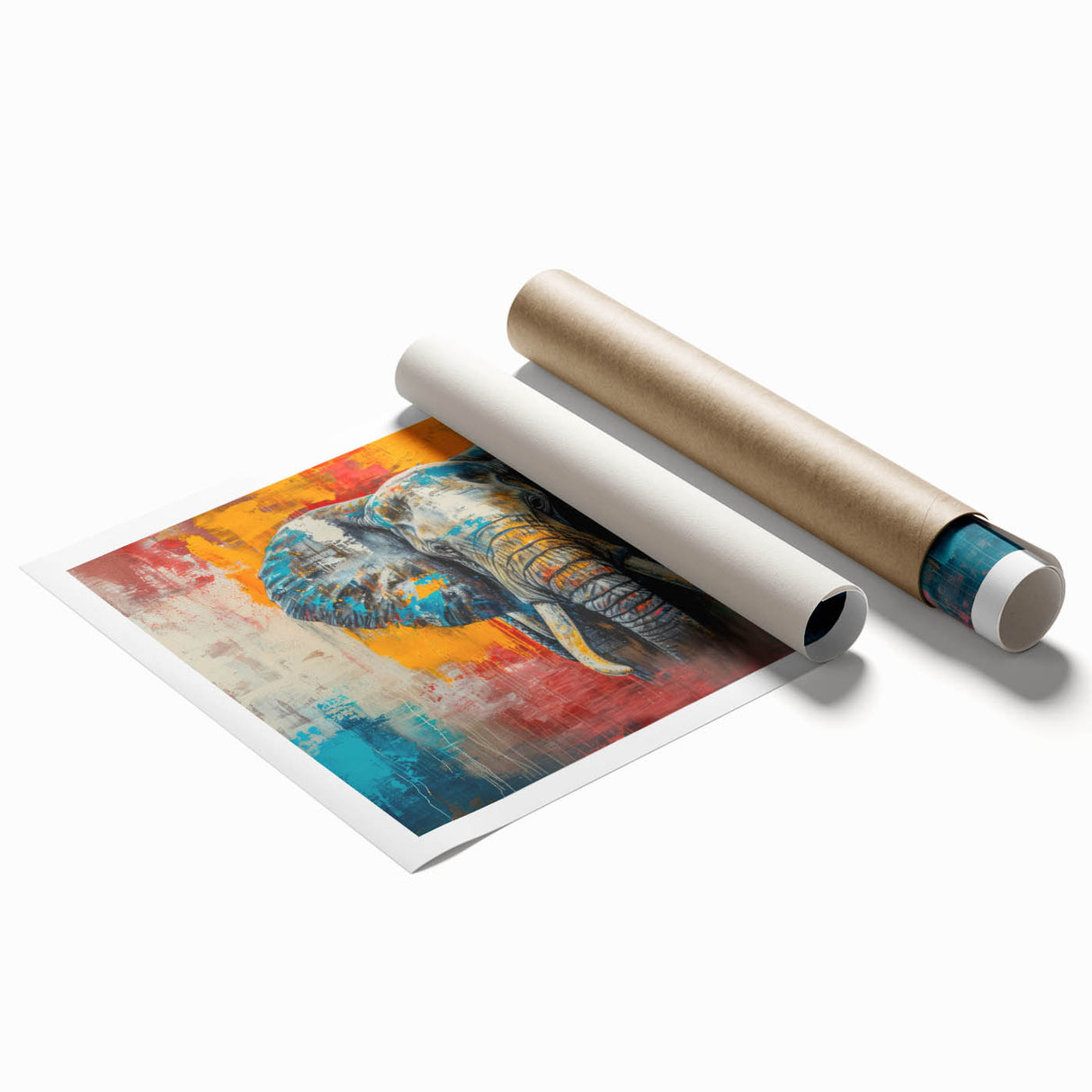 Elegant rolled wall art print featuring a striking design of an elephant in a vibrant African landscape, showcasing intricate details and rich colors, perfect for nature enthusiasts.