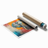 Elegant rolled wall art print featuring a striking design of an elephant in a vibrant African landscape, showcasing intricate details and rich colors, perfect for nature enthusiasts.