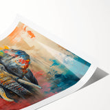 Elephant-themed wall art print showcasing vibrant colors and intricate details, perfect for adding a touch of wildlife decor to any room. Rolled and protected for easy shipping.