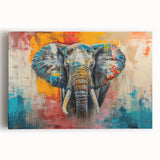 Stretched canvas wall art showcasing a majestic front view of an elephant, featuring intricate details and vibrant colors, perfect for wildlife decor enthusiasts.