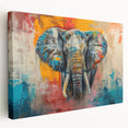 Stretched canvas wall art featuring a majestic side view of an elephant in a vibrant natural setting, perfect for wildlife enthusiasts and home decor.