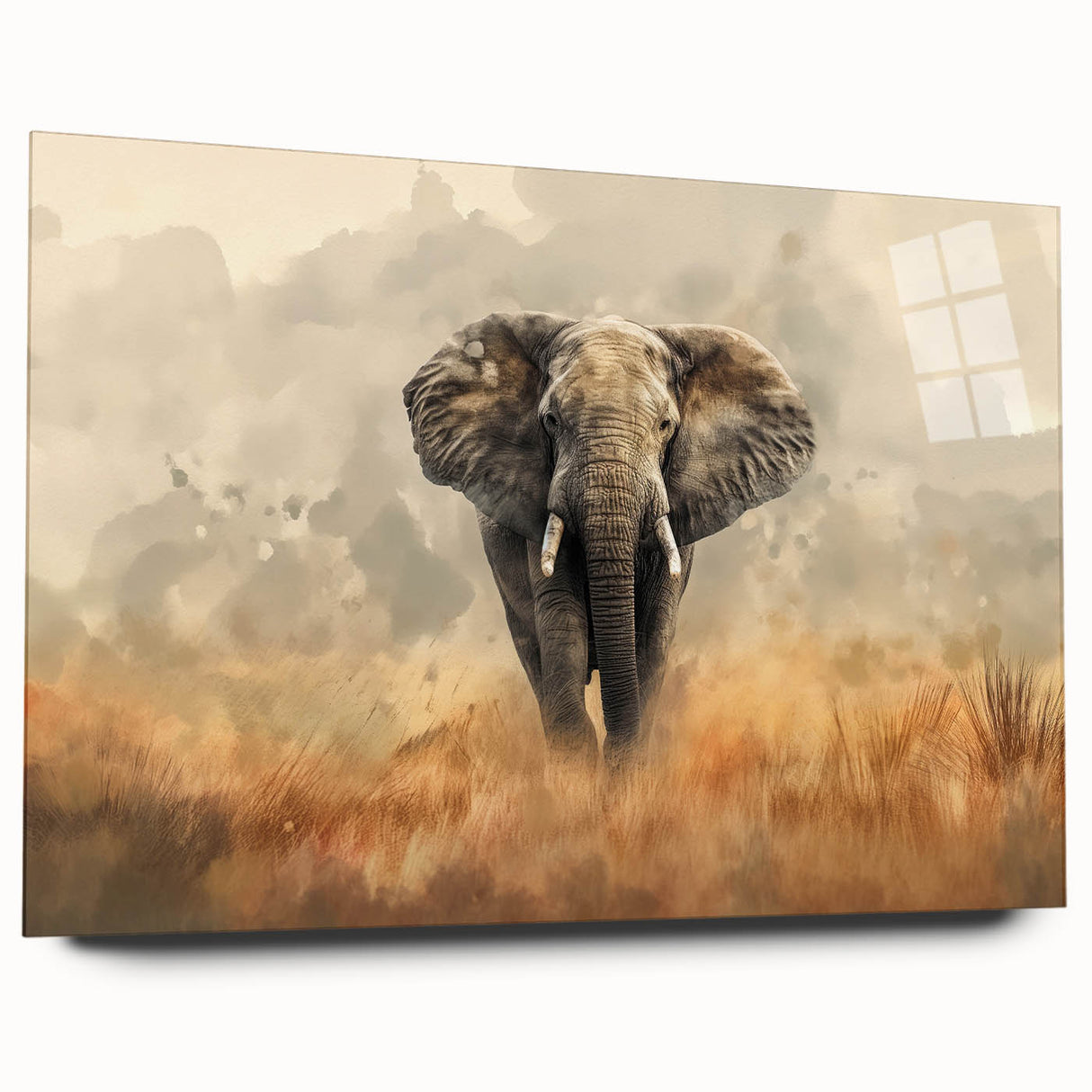 Side view of a vibrant elephant design wall art piece, showcasing intricate details and colors on acrylic glass, perfect for wildlife enthusiasts and home decor.
