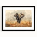 Framed wall art collection featuring a striking black and white elephant design, elegantly matted and displayed in a sleek black frame, ideal for wildlife enthusiasts.