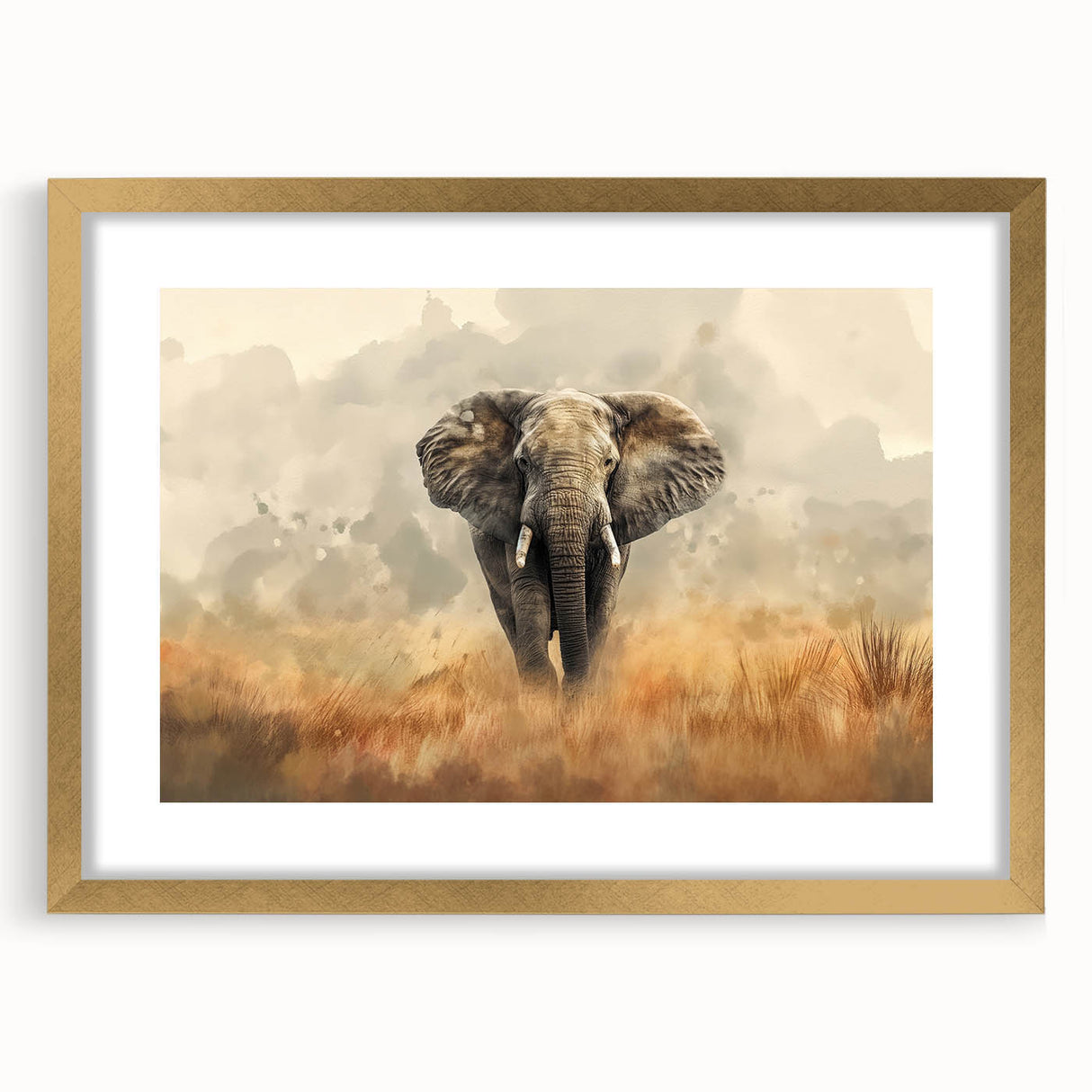 Framed wall art featuring a majestic elephant design in a gold frame, set against a mat background, ideal for wildlife enthusiasts and home decor.