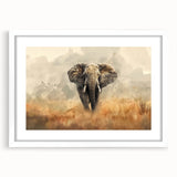 Elephant-themed wall art collection featuring a framed design with a white mat, showcasing a majestic elephant in its natural habitat, perfect for wildlife enthusiasts.