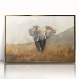 Framed acrylic wall art featuring a stunning gold-front view of an elephant, showcasing intricate details and vibrant colors, perfect for wildlife enthusiasts.
