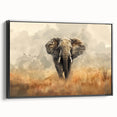 Framed canvas wall art featuring a side view of an African elephant design, showcasing intricate details and textures with a black background, perfect for wildlife enthusiasts.