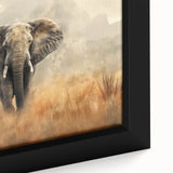 Close-up of a framed wall art canvas featuring a vibrant elephant design, showcasing intricate details and textures, perfect for animal lovers and home decor enthusiasts.