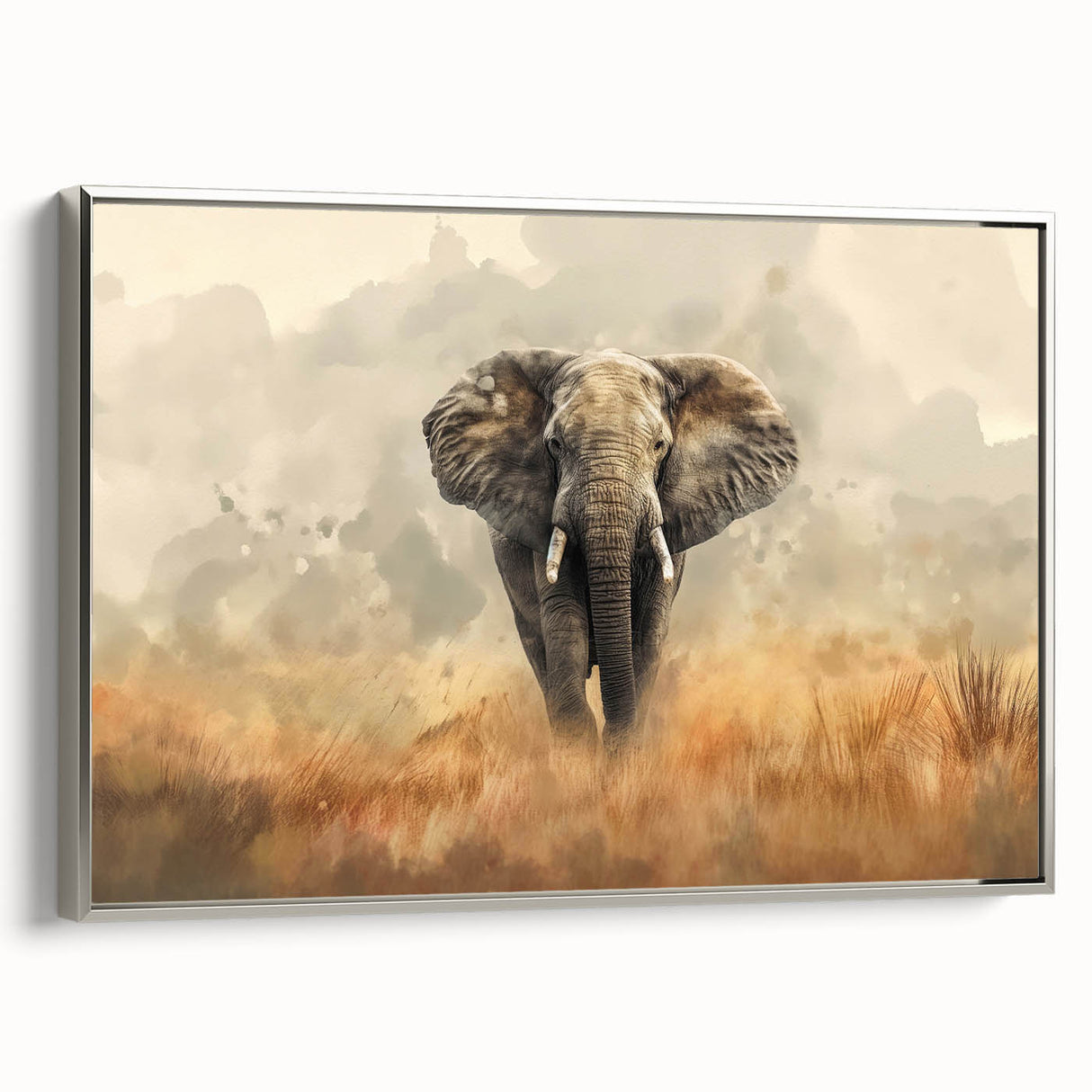 Framed canvas wall art depicting a majestic elephant in silver tones, showcasing intricate details and textures, ideal for wildlife enthusiasts and home decor.