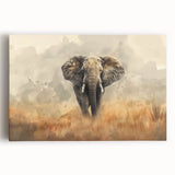 Stretched canvas wall art depicting a majestic elephant in a natural habitat, showcasing intricate details and earthy tones, perfect for wildlife enthusiasts.