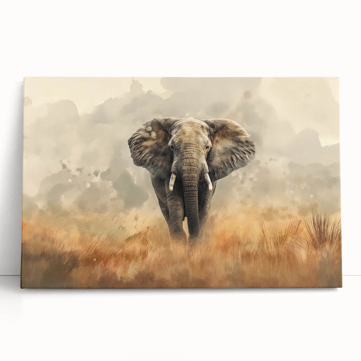 Stretched canvas wall art featuring a vibrant elephant design, showcasing intricate details and earthy tones, perfect for wildlife enthusiasts and home decor.