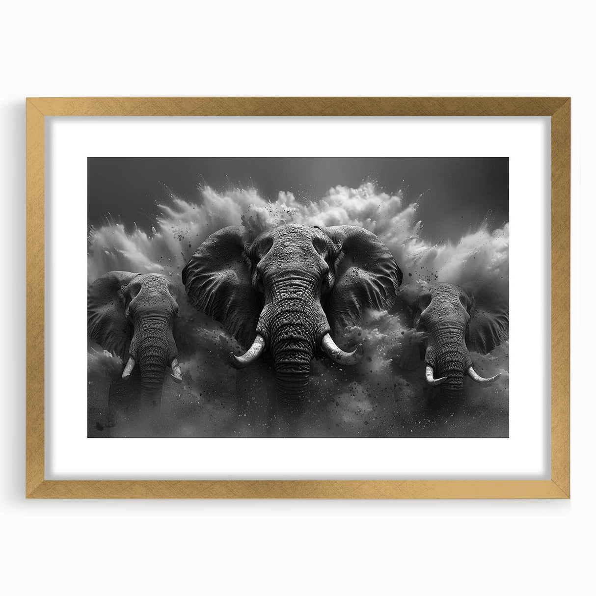 Elegant wall art featuring a majestic elephant in a gold frame, showcasing intricate details and textures, perfect for wildlife enthusiasts and home decor.