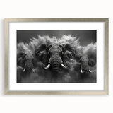 Elephant-themed wall art print displayed in a sleek silver frame, featuring vibrant colors and intricate details that capture the essence of wildlife, ideal for home decor.