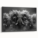 Framed canvas wall art showcasing a side view of a majestic elephant in a black and white design, perfect for wildlife enthusiasts and modern decor.