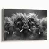 Framed wall art featuring a majestic silver elephant design in profile view, showcasing detailed textures and elegant lines, perfect for wildlife enthusiasts and home decor.