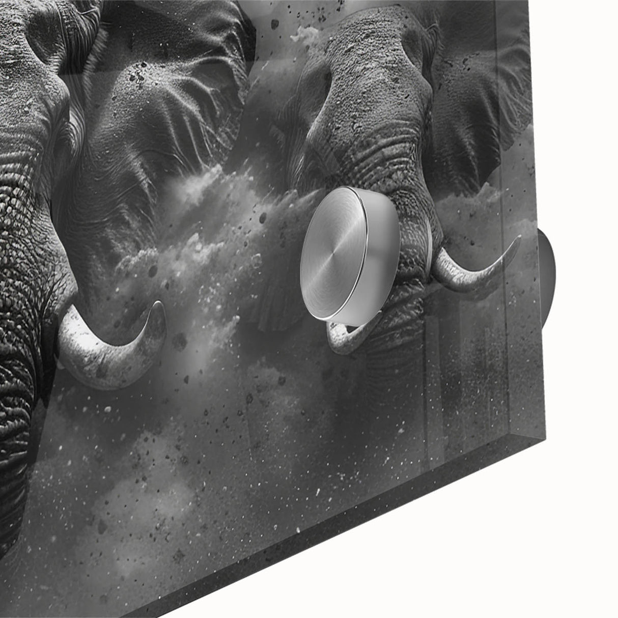 Close-up of an elegant elephant wall art design, showcasing intricate details and vibrant colors on acrylic glass, perfect for wildlife enthusiasts and home decor.