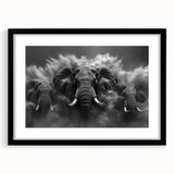 Framed wall art showcasing a striking elephant design in monochrome, featuring a black frame and white matting, perfect for wildlife enthusiasts and modern decor.