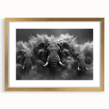 Framed wall art featuring a majestic elephant design in gold tones, surrounded by a mat, showcasing intricate details and elegant aesthetics for wildlife enthusiasts.