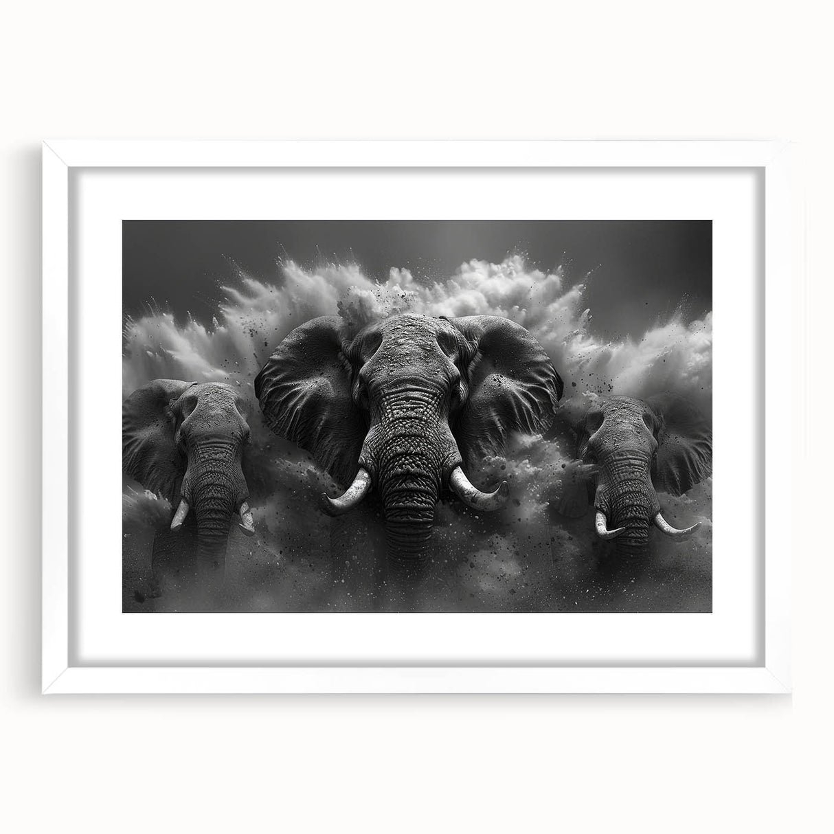 Framed wall art featuring a majestic elephant design, showcasing intricate details in a minimalist white frame with a mat, perfect for wildlife enthusiasts' decor.