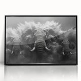 Framed wall art featuring a striking black-front view of an artistic elephant design, showcasing intricate details and bold colors, perfect for wildlife enthusiasts.