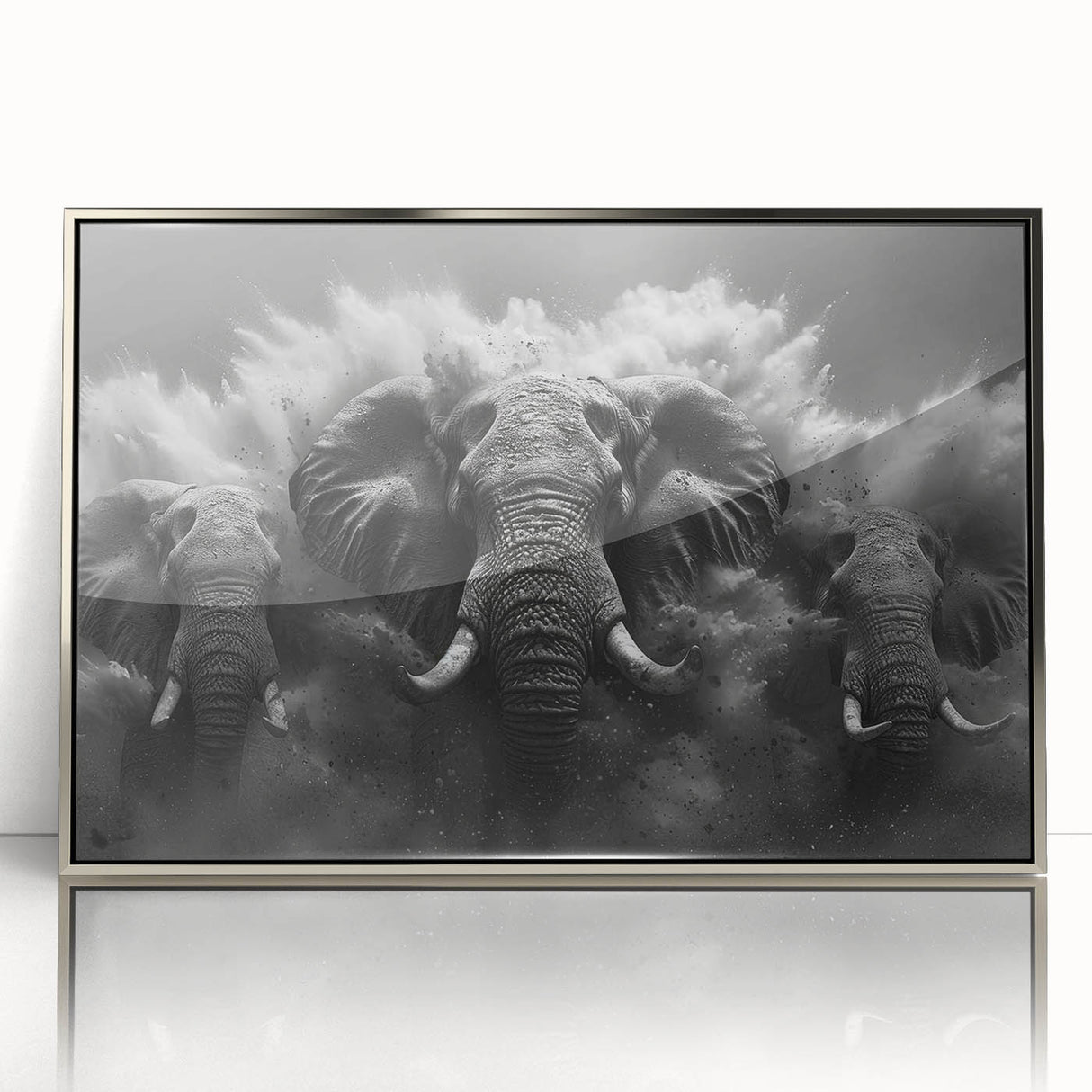 Framed wall art showcasing a majestic elephant design in a silver-acrylic finish, perfect for adding a touch of elegance to wildlife-themed decor.