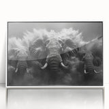 Framed acrylic wall art showcasing a striking elephant design, featuring a white frame and vibrant colors, perfect for wildlife enthusiasts and modern decor.
