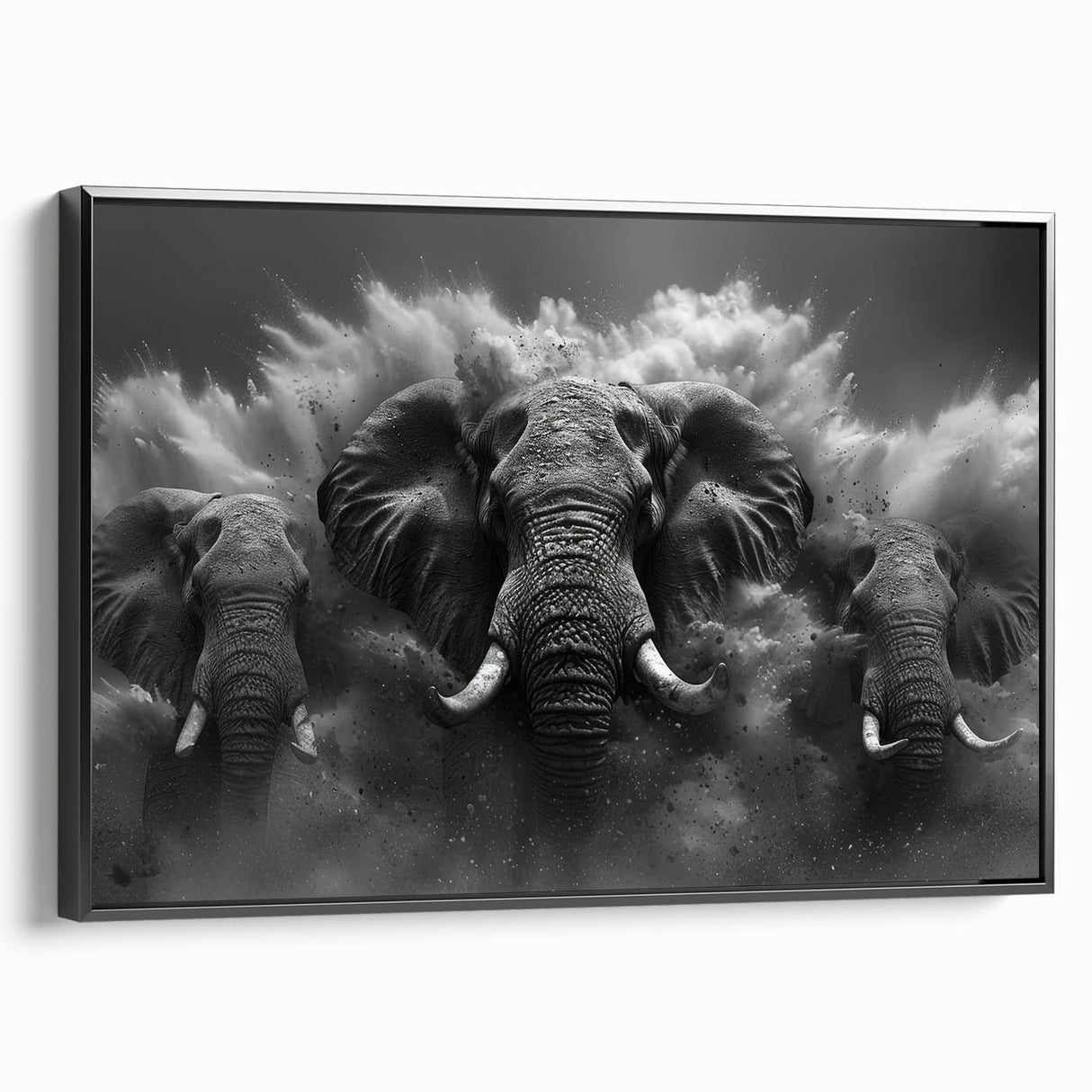 Framed canvas wall art featuring a striking side view of an elephant design in black, showcasing intricate details and textured elements, perfect for wildlife enthusiasts.